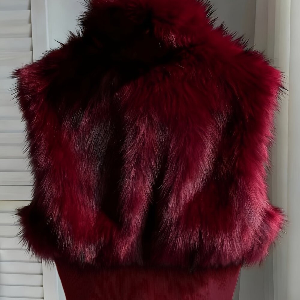 Burgundy Faux Fur Sleeveless Zip Jacket | High Collar Cropped Vest | XXL (14) - Picture 9 of 9
